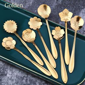 8Pcs Stainless Steel Flower Spoon Coffee Tea Spoon Cute Ice Cream Dessert Spoon Silver Christmas Gifts Kitchen Tableware Decor (Ships From: China, Color: 8PCS Gold)